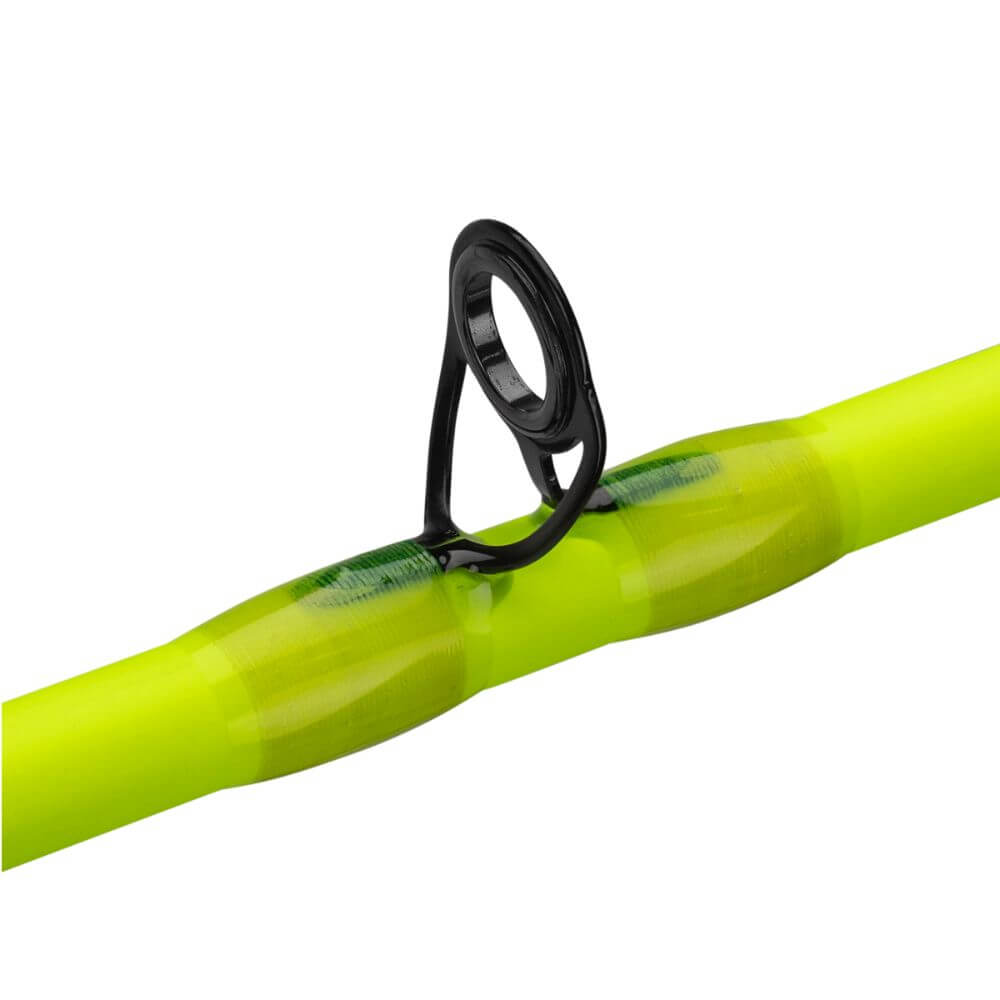 Close up of Profishiency Next Gen Flash baitcast rod guide showcasing black ceramic lined guide and neon chartreuse rod blank on white background