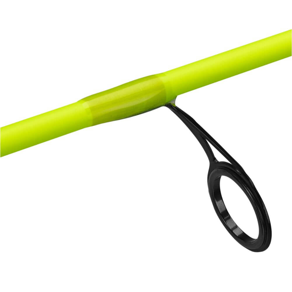 Chartreuse fishing rod blank section with a black spin guide ring