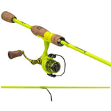 Neon yellow Profishiency spinning fishing rod and reel with cork grips and gold-tone handle.