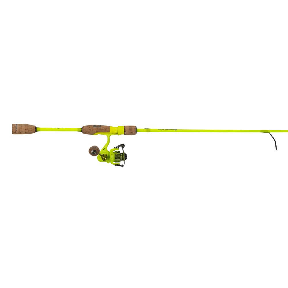 Neon yellow Flash NG spinning rod with cork handles and matching reel, side view