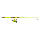 Neon yellow Flash NG spinning rod with cork handles and matching reel, side view