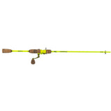 Neon yellow Profishiency spin fishing rod with cork handles and single-action reel, text: PROFISHIENCY PLASH