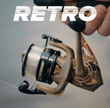 Close-up of Retro Spinning Reels - Clam Pack showcasing a spinning reel and RETRO text with a fishing rod background