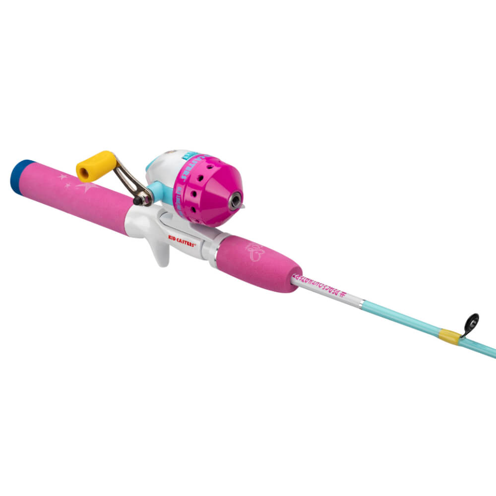 Pink and teal KID CASTERS youth spinning rod with purple reel, foam grips and white trigger-style handle