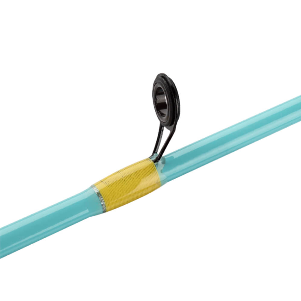 Turquoise fishing rod section with yellow thread wrap and black line guide