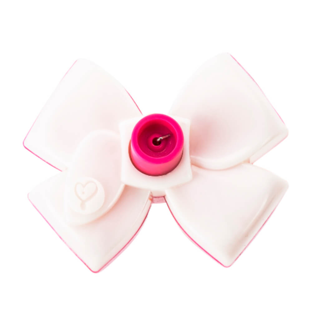 Pink-and-white plastic bow accessory with central pink cylindrical hub and small heart imprint on one petal.