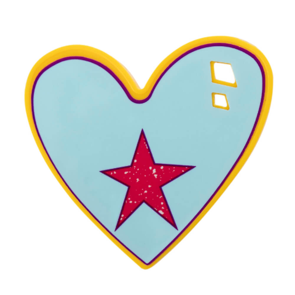 Blue heart-shaped pin with yellow edge, purple trim, distressed red star at center and two diamond highlights top-right.