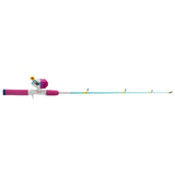 pink and teal kids spin-cast fishing rod and reel combo with trigger grip