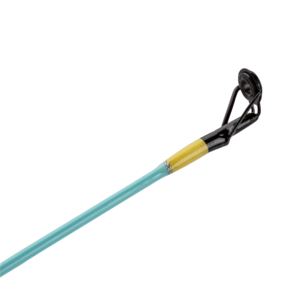 Fishing rod tip top and first guide with yellow thread wrap on teal rod blank