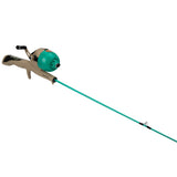 Kid Casters teal spin-cast fishing rod with tan pistol-grip handle and closed-face reel
