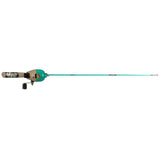 Youth spincast fishing rod with turquoise shaft, tan spincast reel and short handle