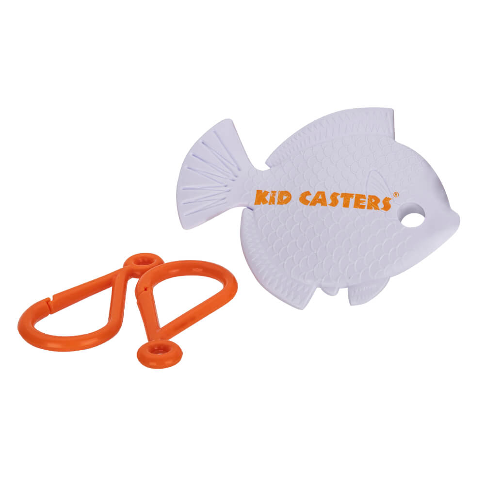 White fish-shaped KID CASTERS line clip with scales and two orange plastic snap clips