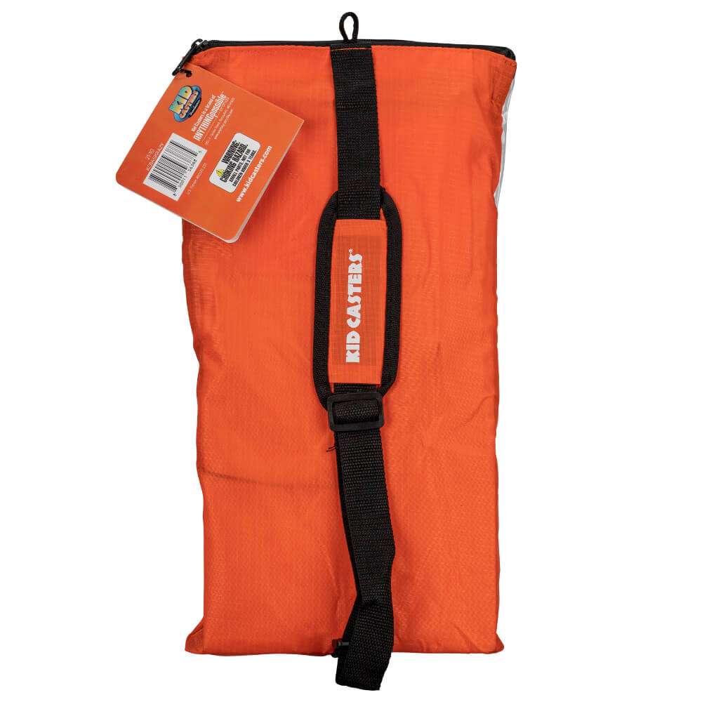 Orange rod bag with black adjustable shoulder strap and KIDCASTERS logo on the padded handle.