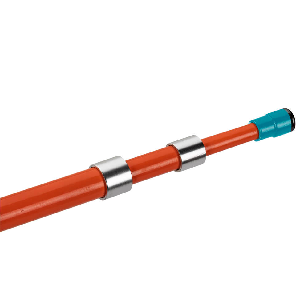 Orange telescoping pole segment with two silver ferrules and a teal end cap.