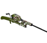 Angled view of Profishiency Green Camo Tangle-Free inline rod and reel combo showing camo-covered reel, green handle, black rod