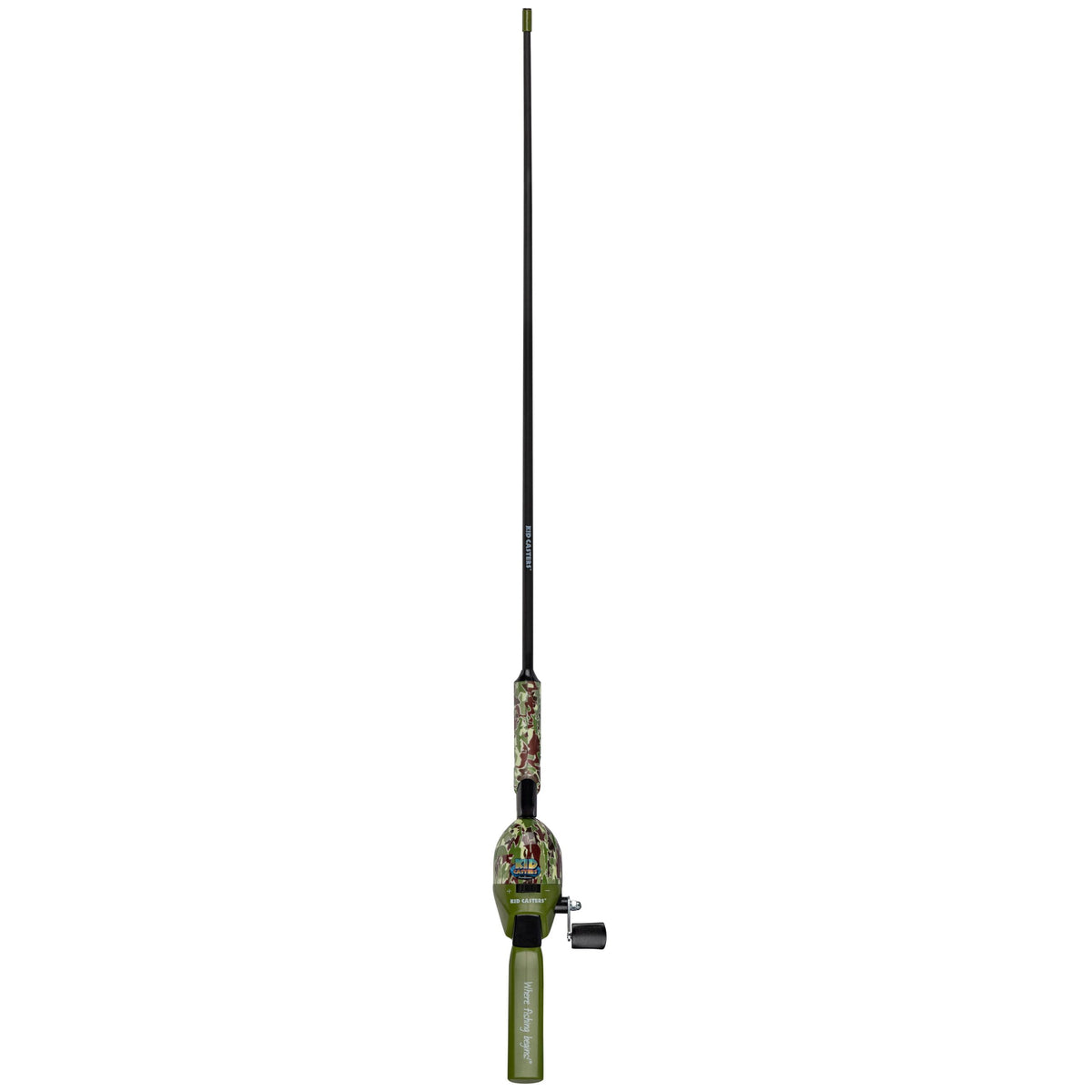 Front view of Profishiency 34-inch green camo tangle-free inline rod and pre-spooled reel with EZ Thread on white background