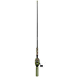 Front view of Profishiency 34-inch green camo tangle-free inline rod and pre-spooled reel with EZ Thread on white background