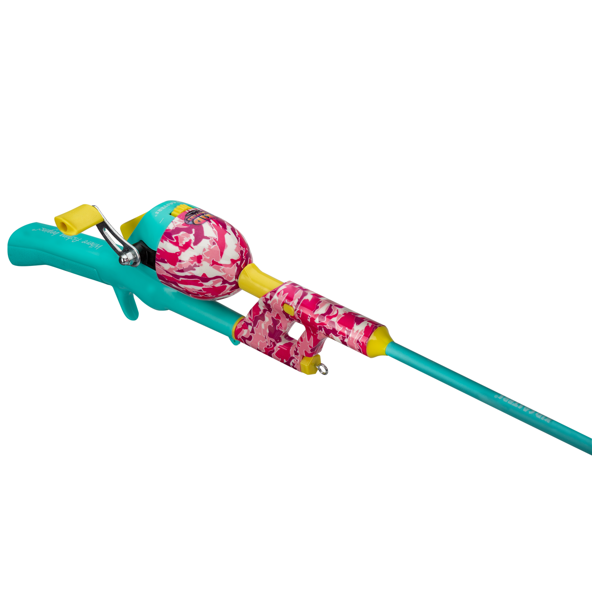 Angled view of Kid Casters Pink Camo 34 inch rod and reel combo showing pink camo reel and teal rod on white