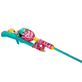 Angled view of Kid Casters Pink Camo 34 inch rod and reel combo showing pink camo reel and teal rod on white