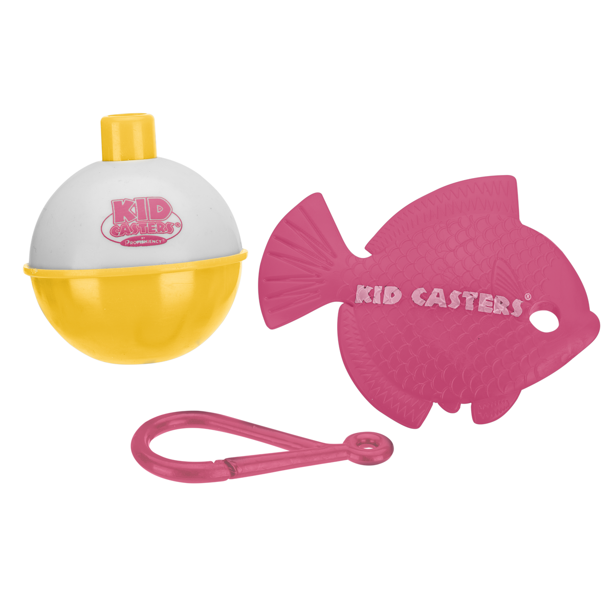 Yellow-and-white bobber with KID CASTERS logo 'PROFISHIENCY', pink fish-shaped tangle-free tool and pink tether loop