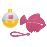 Yellow-and-white bobber with KID CASTERS logo 'PROFISHIENCY', pink fish-shaped tangle-free tool and pink tether loop