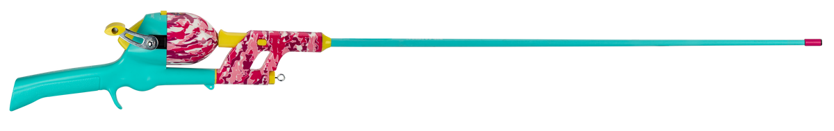 Side view of Pink Camo 34-inch tangle-free inline rod and reel, pink camo reel housing and teal rod on white