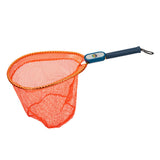 Angled view of Profishiency Kid Casters youth fishing net showcasing bright orange nylon mesh and dark blue handle on white background
