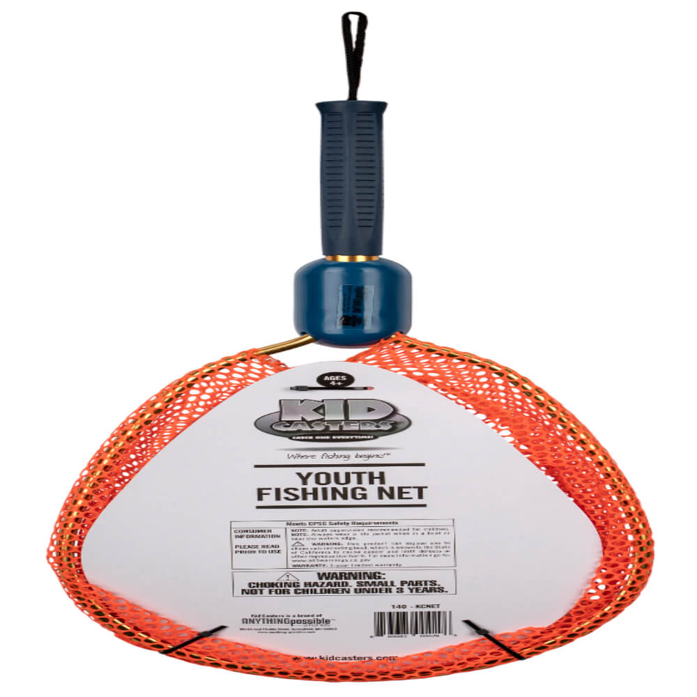 Kid Casters youth fishing net packaging; label reads 'YOUTH FISHING NET' and 'AGES 4+'; orange mesh, blue handle.