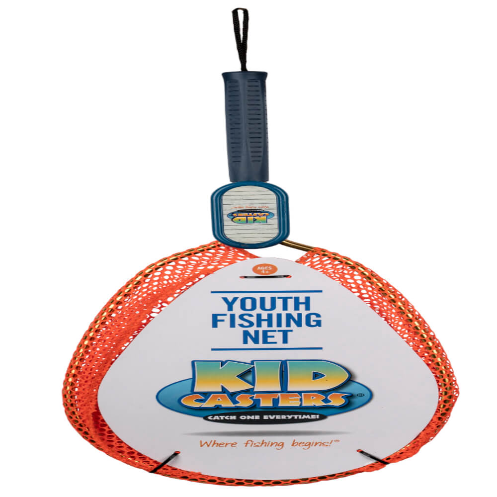 Front view of Kid Casters Youth Fishing Net showcasing orange nylon mesh and blue rubber-grip handle on white background