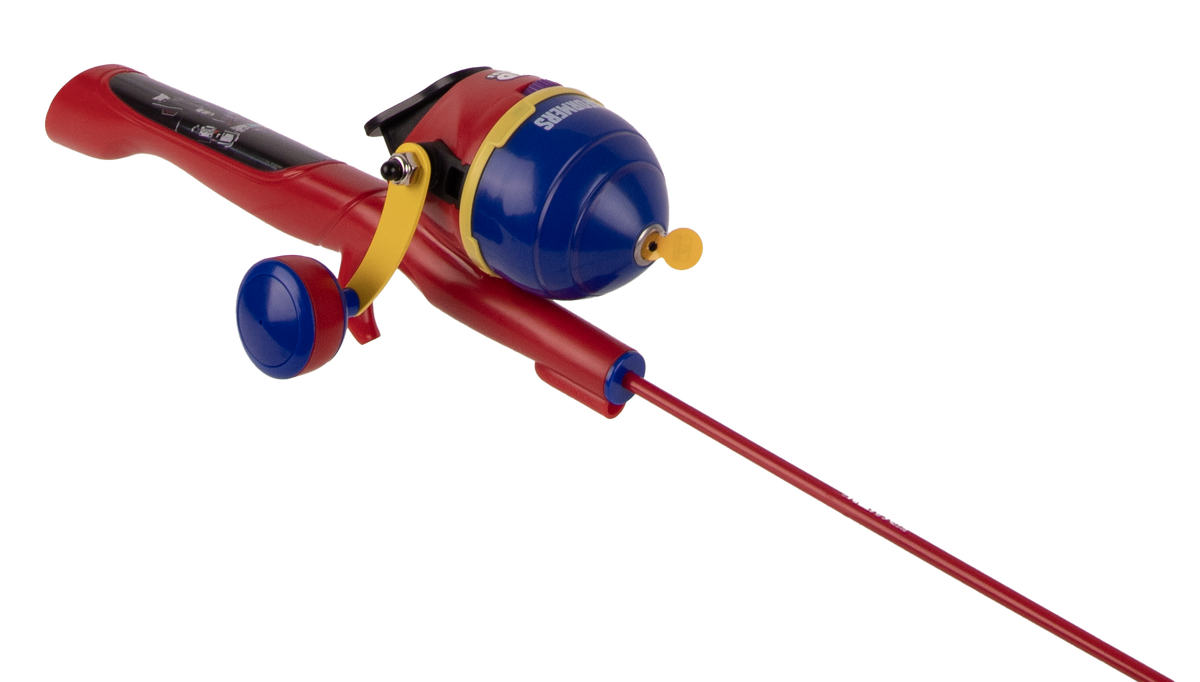 Angled view of Transformers youth fishing pole with pre-spooled spincast reel and large ergonomic knob on white