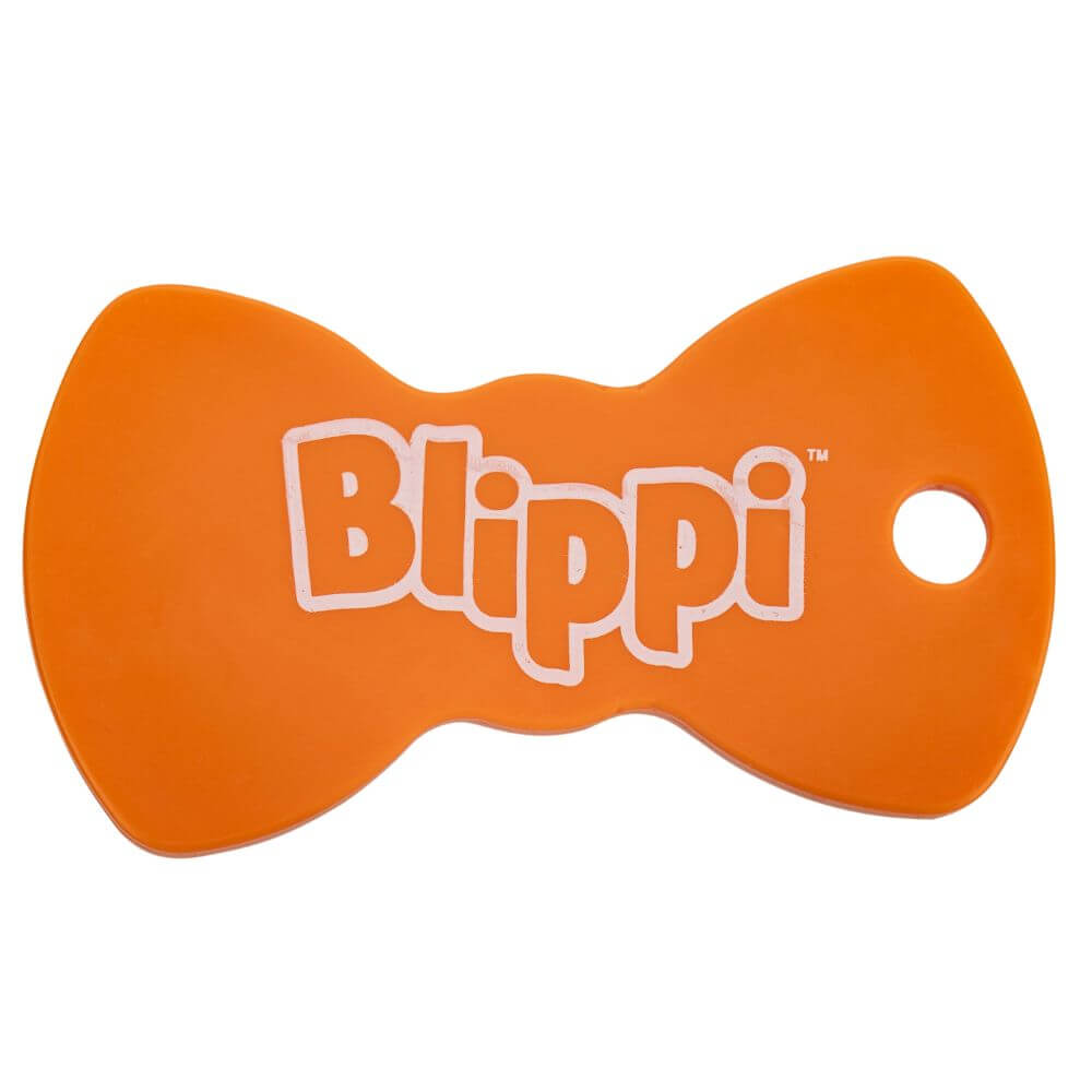 Orange bow-shaped tangle-free line keeper with Blippi TM logo and a right-side hole