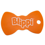 Orange bow-shaped tangle-free line keeper with Blippi TM logo and a right-side hole