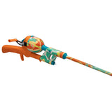 Kid Casters Krazy Tanglefree youth fishing rod with closed-face reel, orange, teal and yellow patterned finish
