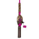Leopard-print tangle-free handle and brown reel on pink youth fishing rod labeled KID CASTERS