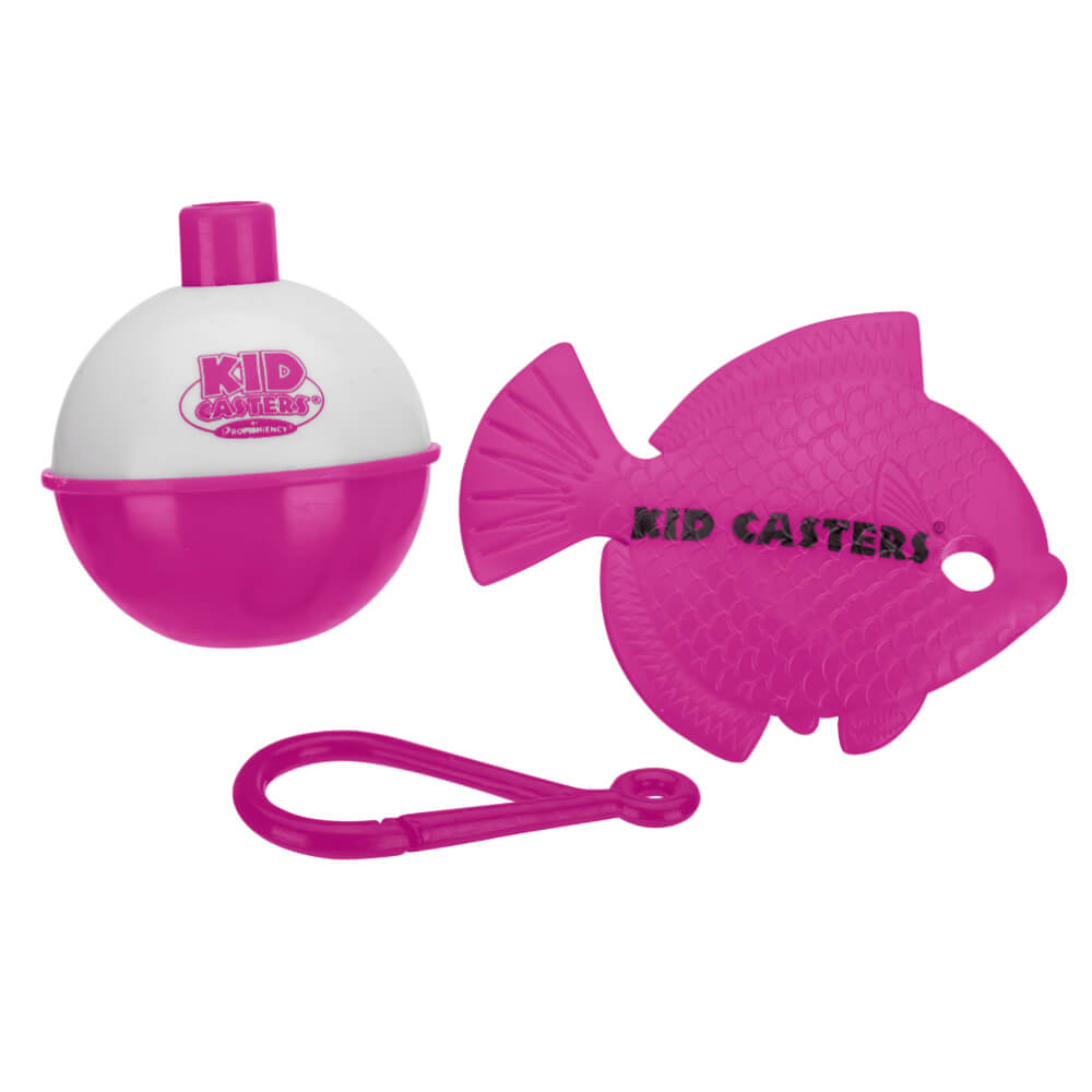 Pink bobber and fish-shaped tangle-free clip with KID CASTERS logo; includes text KID CASTERS and PROFISHIENCY