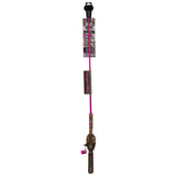Kid Casters Tangle-FREE leopard-print youth fishing rod with pink shaft and brown handle, retail packaging