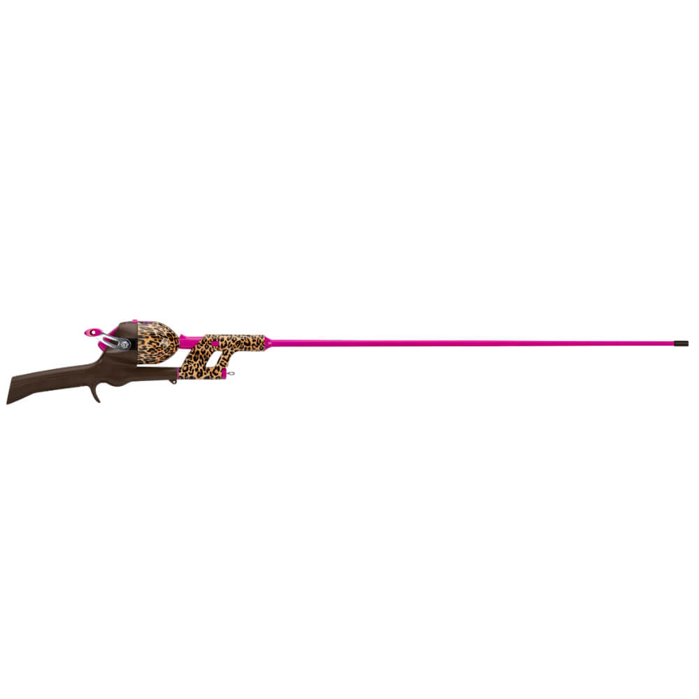Kid Casters pink tangle-free fishing rod with leopard-print reel and grip, side view