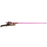 Kid Casters pink tangle-free fishing rod with leopard-print reel and grip, side view