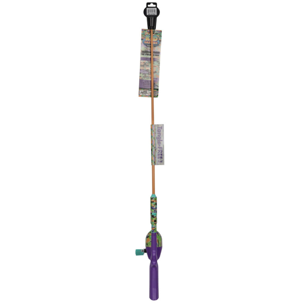 Kid Casters neon kids fishing rod with purple handle and Tangle-FREE packaging tag (back view)
