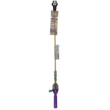 Kid Casters neon kids fishing rod with purple handle and Tangle-FREE packaging tag (back view)