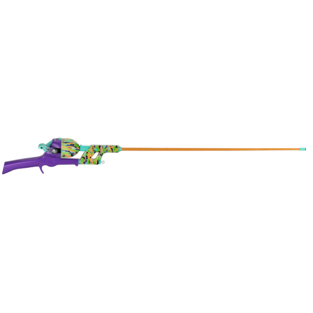 Kid Casters Neon tangle-free kids fishing rod, side profile with purple handle and orange rod