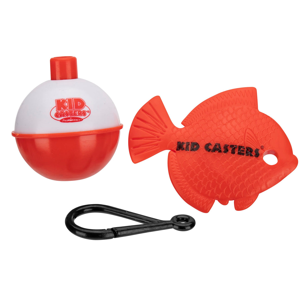 Red-and-white bobber, red fish-shaped lure and black clip bearing KID CASTERS and PROFISHIENCY logos