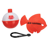 Red-and-white bobber, red fish-shaped lure and black clip bearing KID CASTERS and PROFISHIENCY logos
