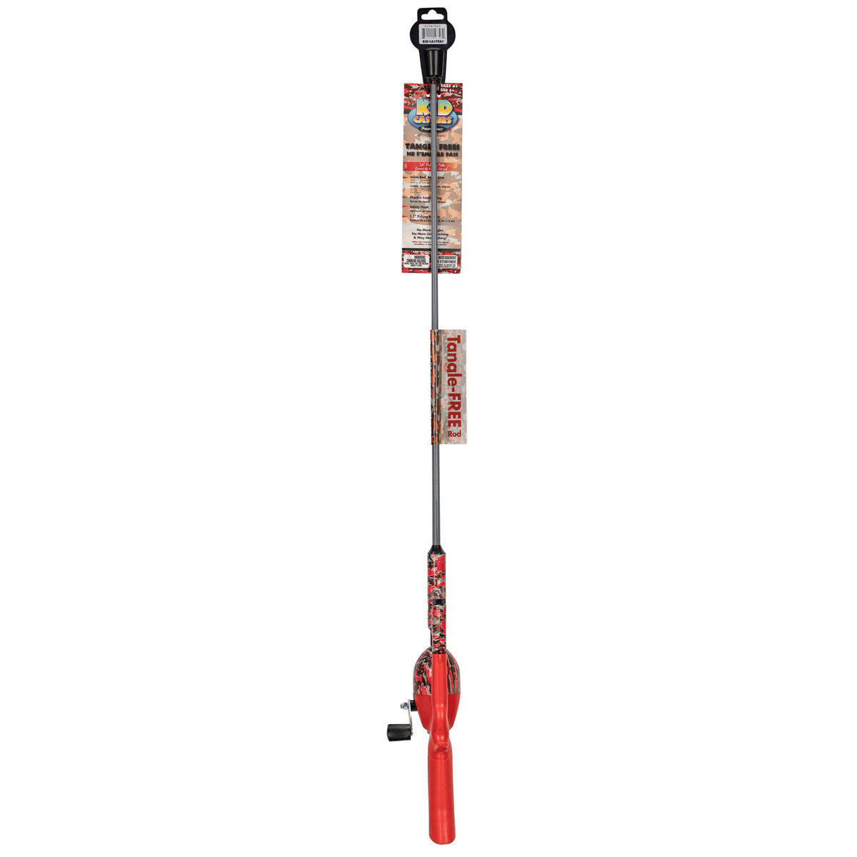 Full front view of Profishiency red 34-inch Tangle-FREE inline rod and reel combo with packaging on white background