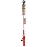 Full front view of Profishiency red 34-inch Tangle-FREE inline rod and reel combo with packaging on white background