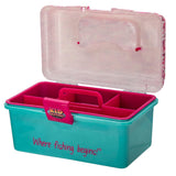Teal and pink KID CASTERS kids' tackle box open with compartments; Where fishing begins!