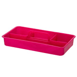Bright pink plastic divided tray with center handle and three compartments for toys or art supplies.