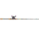 Side view of Profishiency KRAZY 3 baitcast rod and reel combo showcasing colorful baitcast reel and full-length cork handle on white background