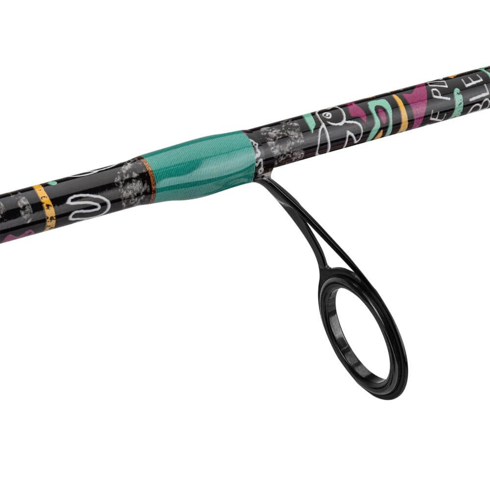Colorful fishing rod blank with teal thread wrap and black guide ring.