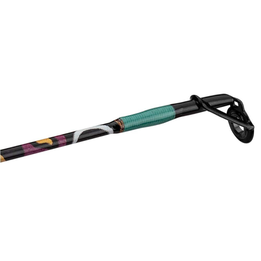 Fishing rod tip with teal thread wrap, black guide, and painted shaft with purple and yellow accents